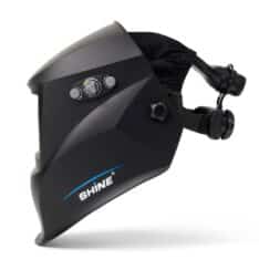 Sidevisning av SHINE 5000X-HD sveisehjelm med tilkobling for PAPR friskluft